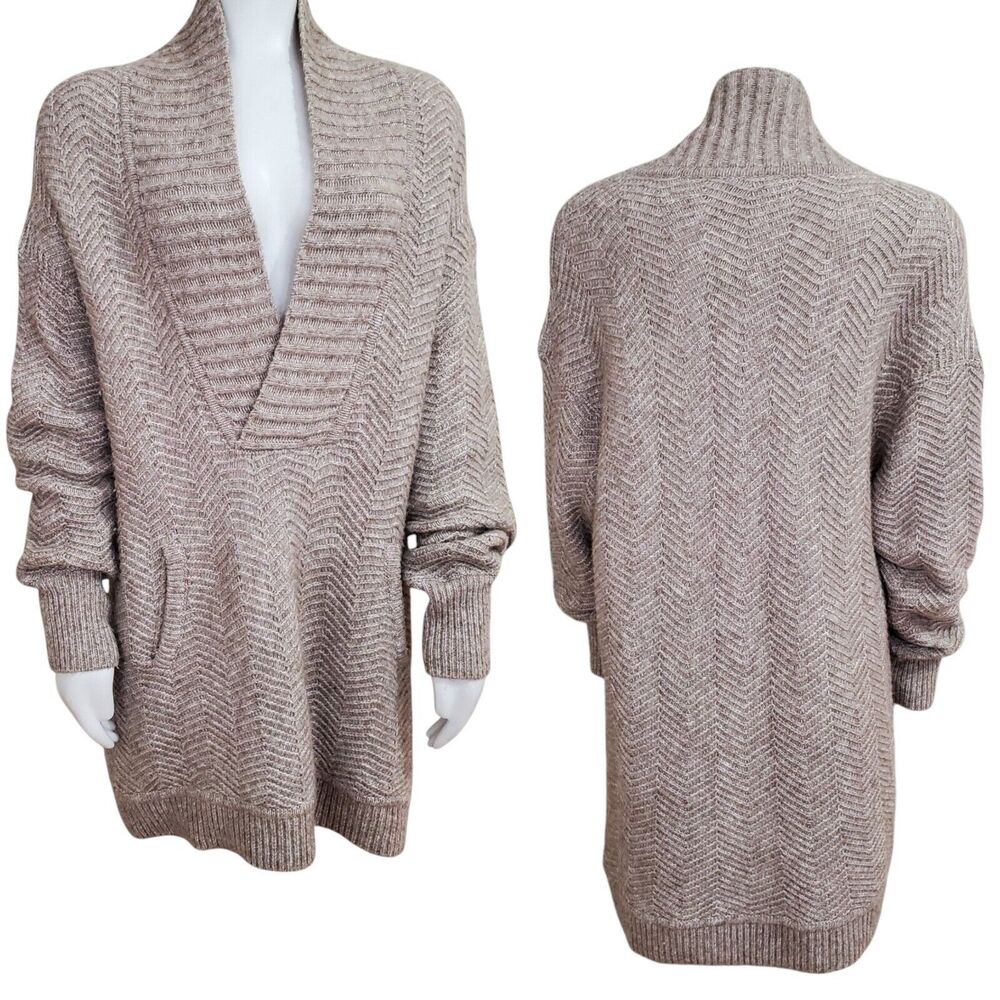 Vince V Neck Taupe Sweater Size L Wool Alpaca Blend Longer‎ Length Pockets Shawl